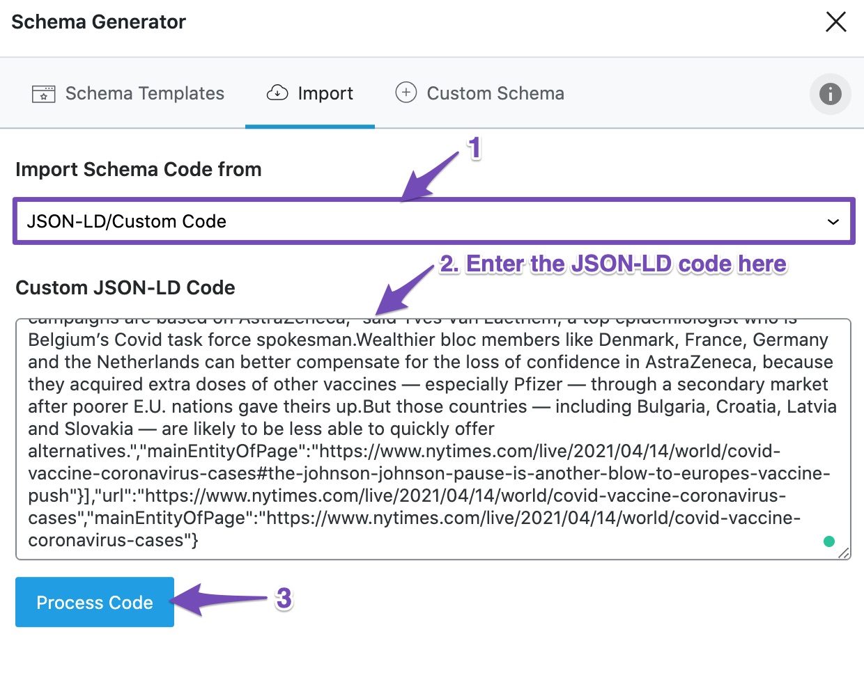 Import Schema code form JSON-LD/Custom code