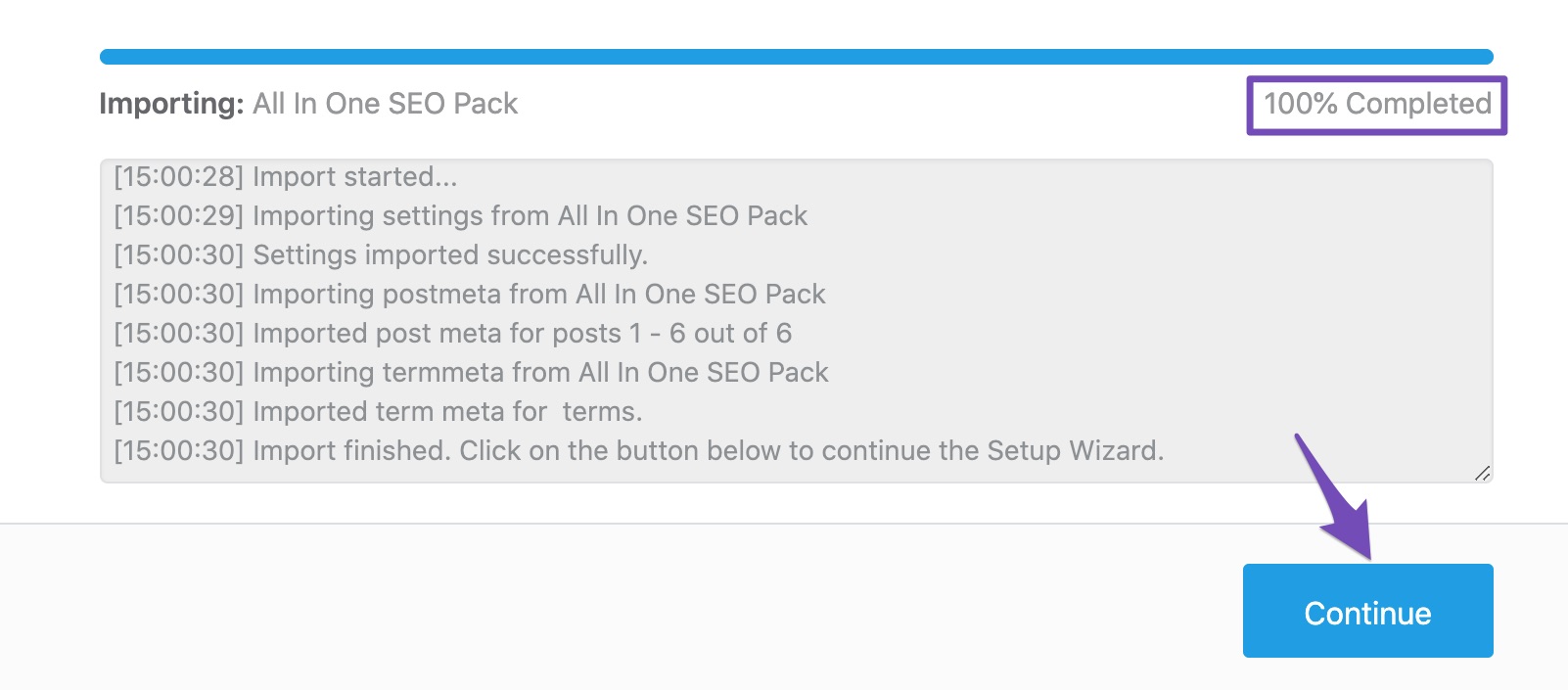 Importing data from All In One SEO Pack completed