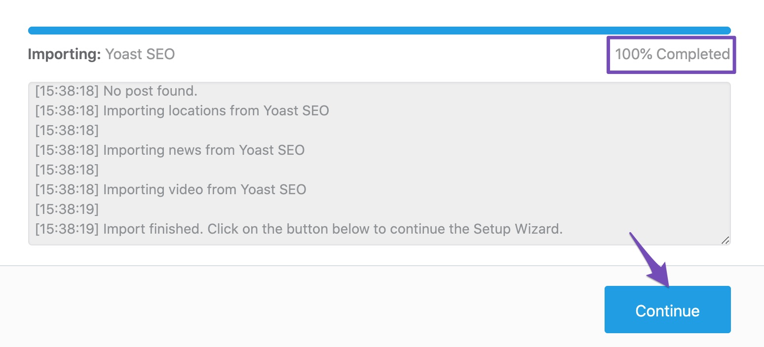 Importing data from Yoast SEO to Rank Math completed