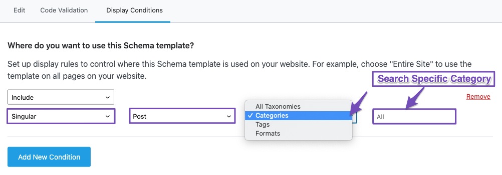 Include Rank Math Schema to post under specific categories