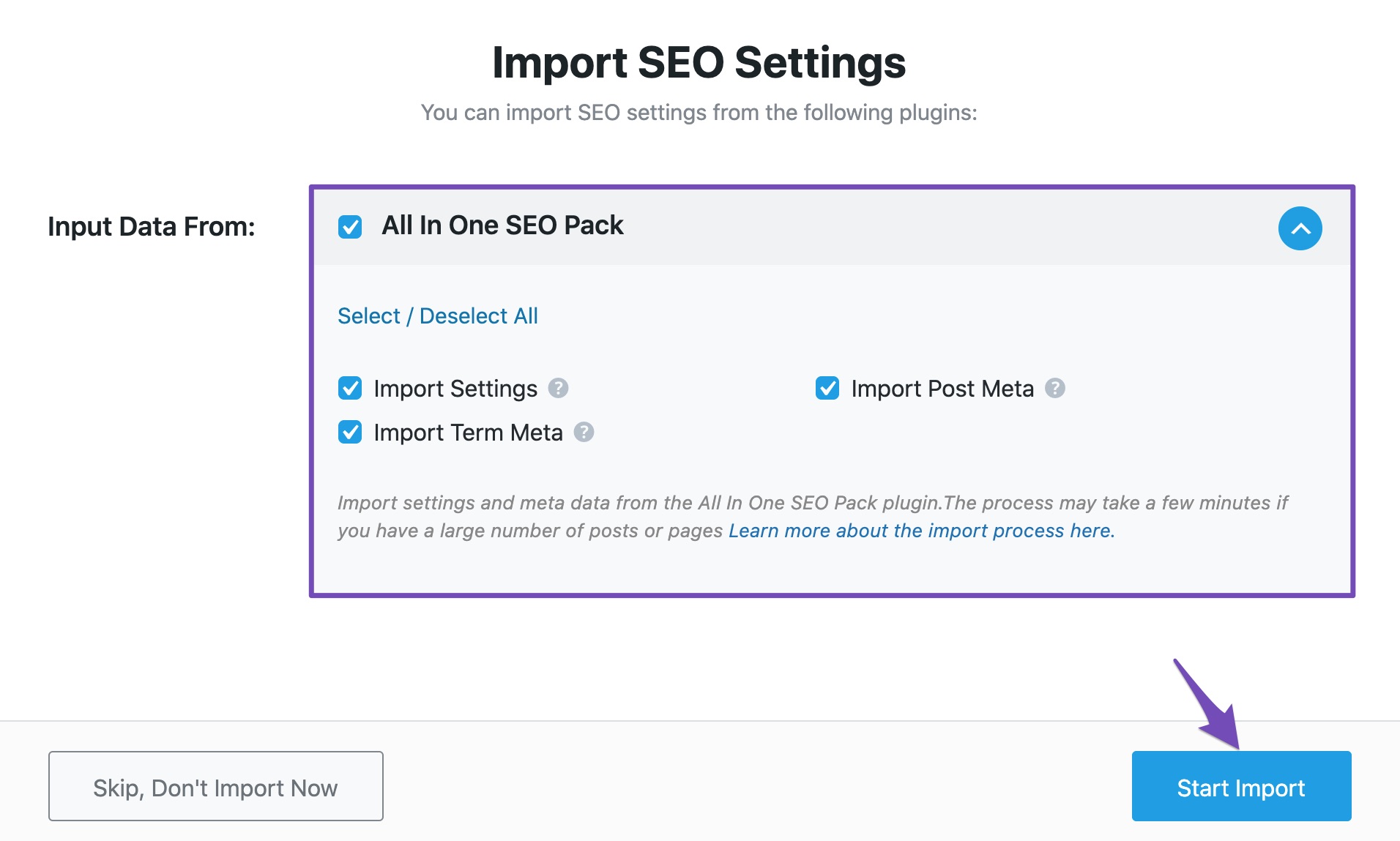Input data available from All In One SEO plugin to import