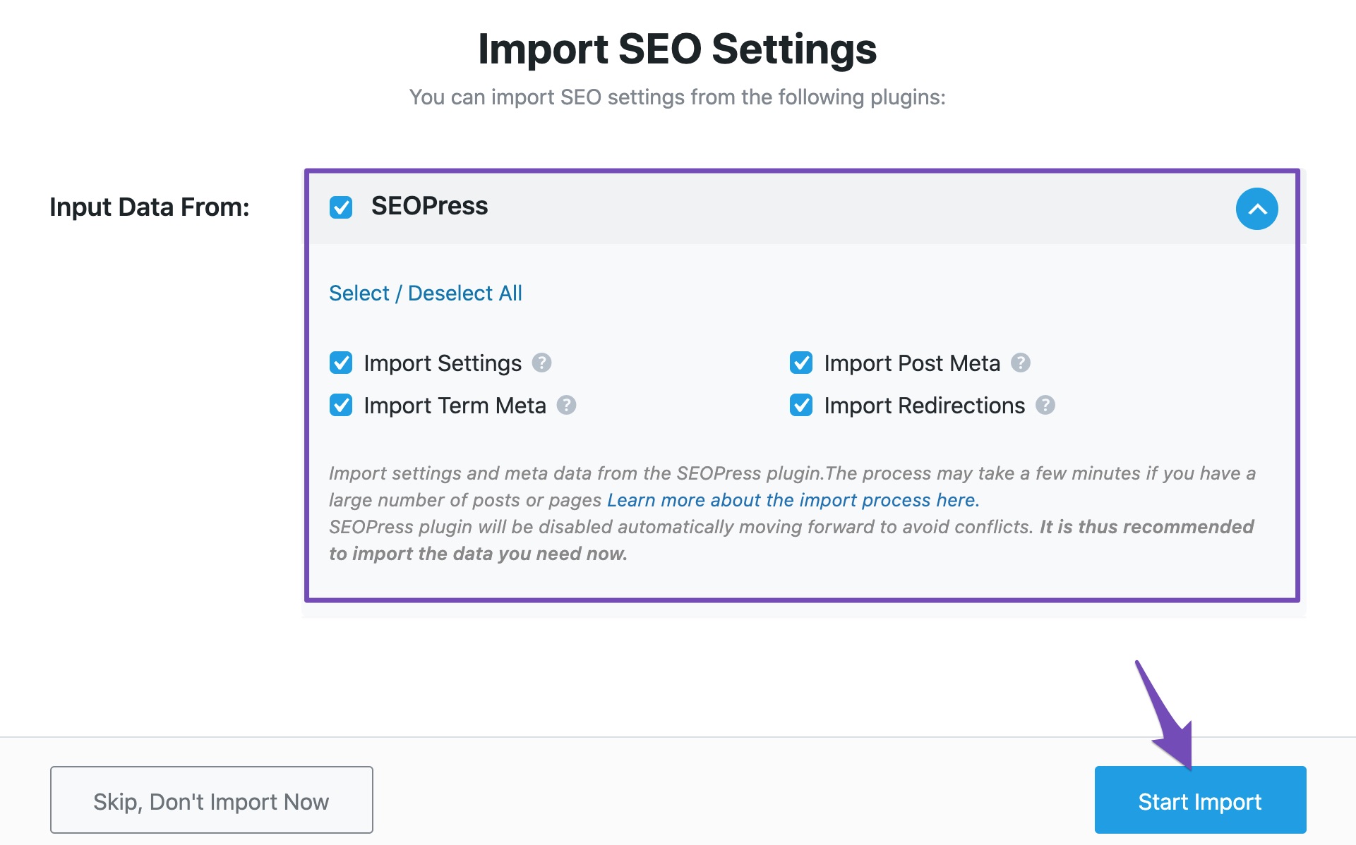 Input available from SEOPress to import