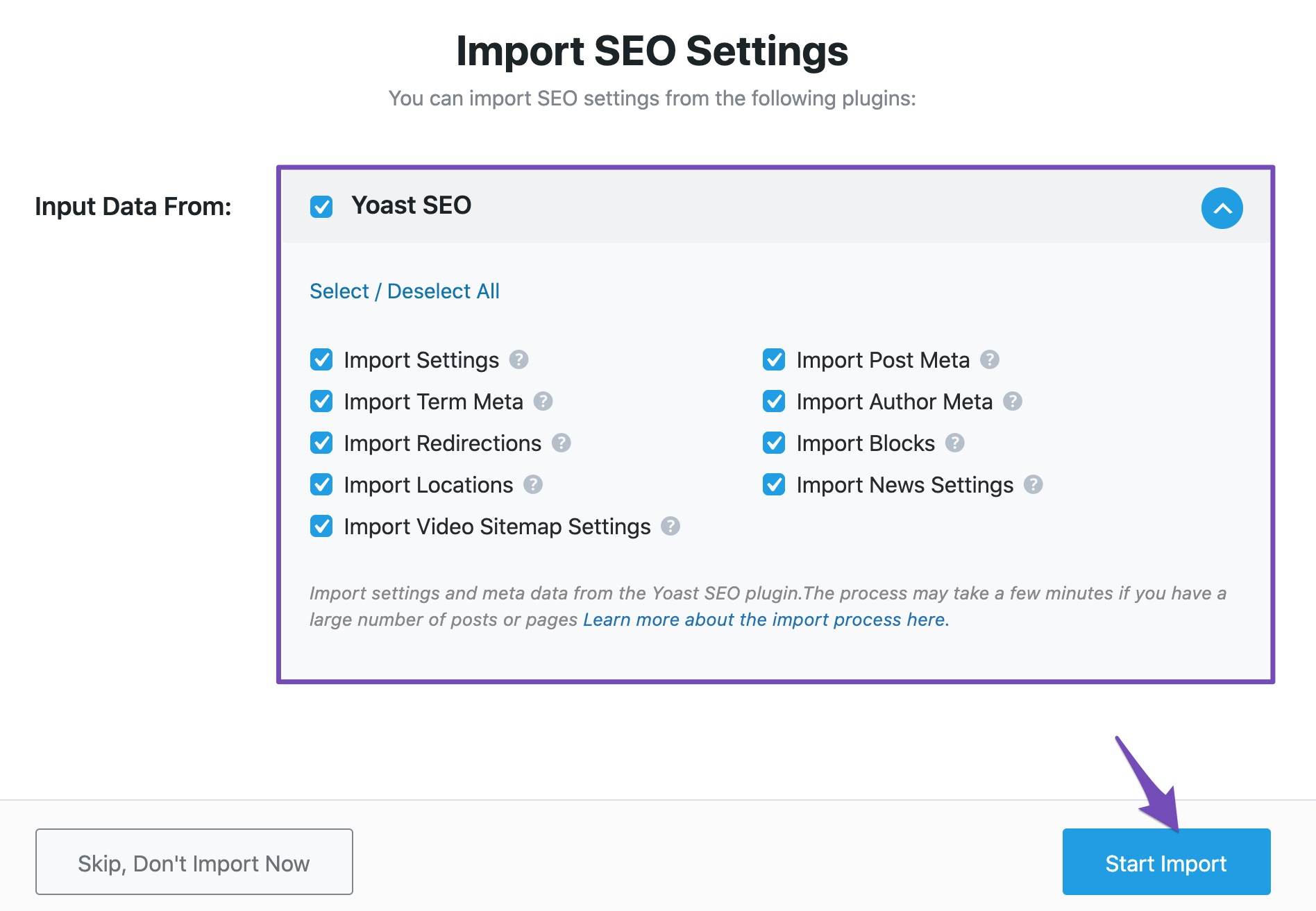 Input data available from Yoast SEO plugin to import to Rank Math