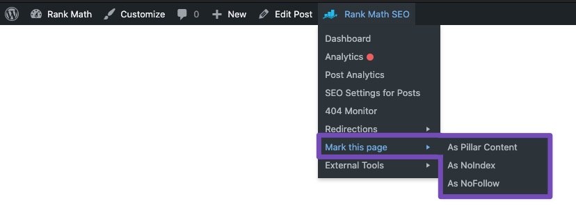 Mark this page/post - Rank Math Quick Actions admin menu