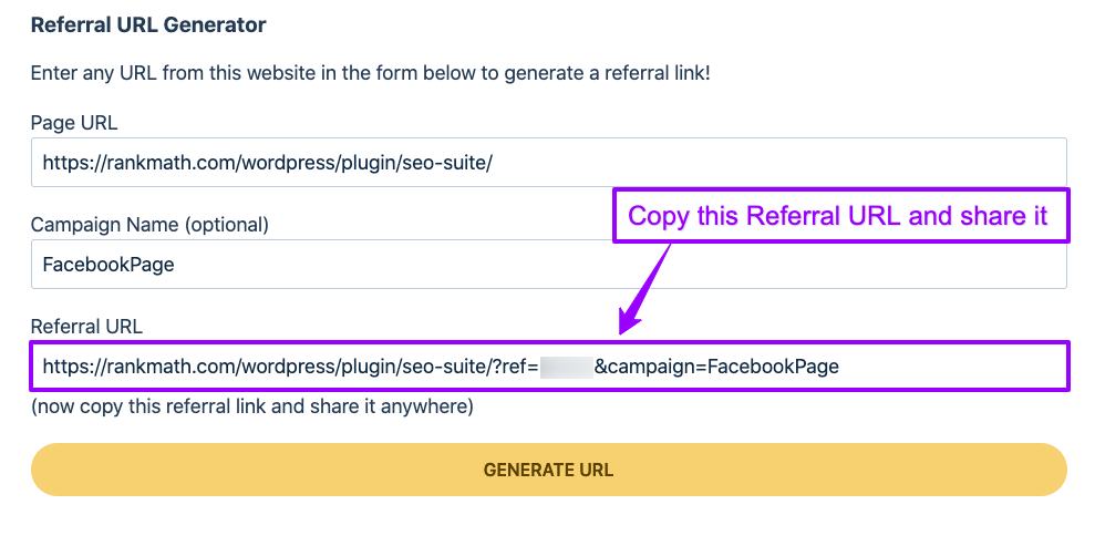 Copy your Referral URL from Rank Math Referral URL Generator