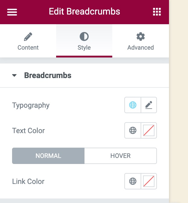 Rank Math Breadcrumbs - Elementor - styling options