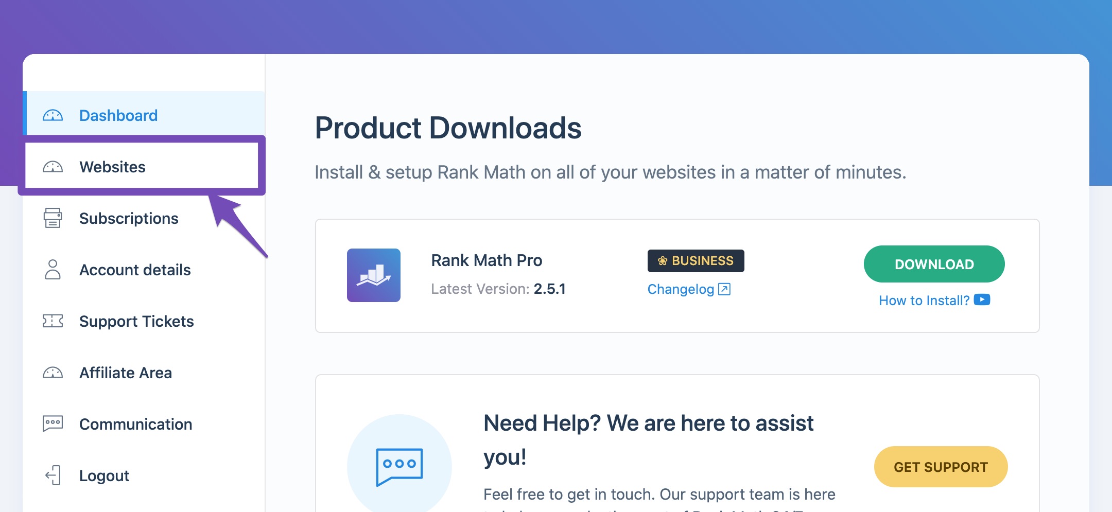 Rank Math Dashboard - Websites tab