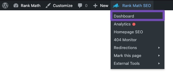 Rank Math Dashboard in Quick Actions admin menu