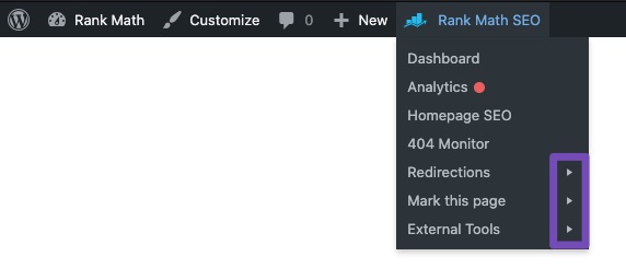 Sub options in Rank Math Quick Actions admin menu