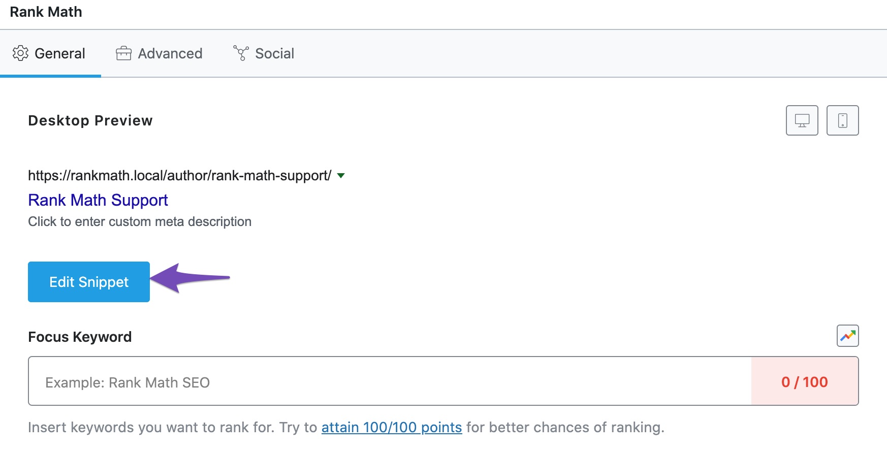 Rank Math Snippet editor in the Author page.
