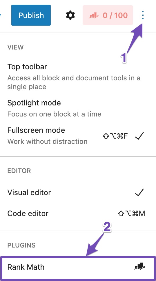 Rank Math option in Gutenberg Block editor