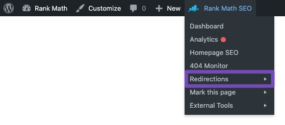 Redirections - Rank Math Quick Actions admin menu