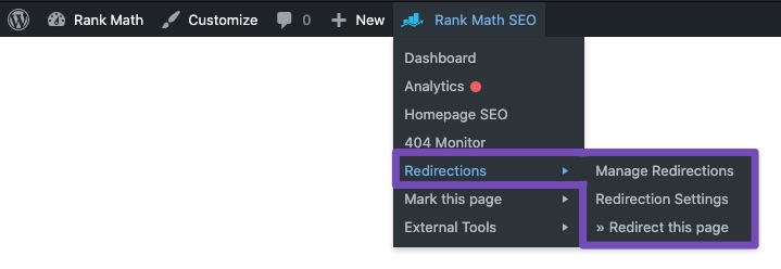 Redirections sub-options Rank Math Quick Actions admin menu