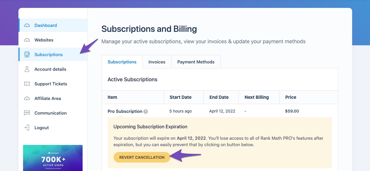 Revert Rank Math PRO Subscription Cancellation