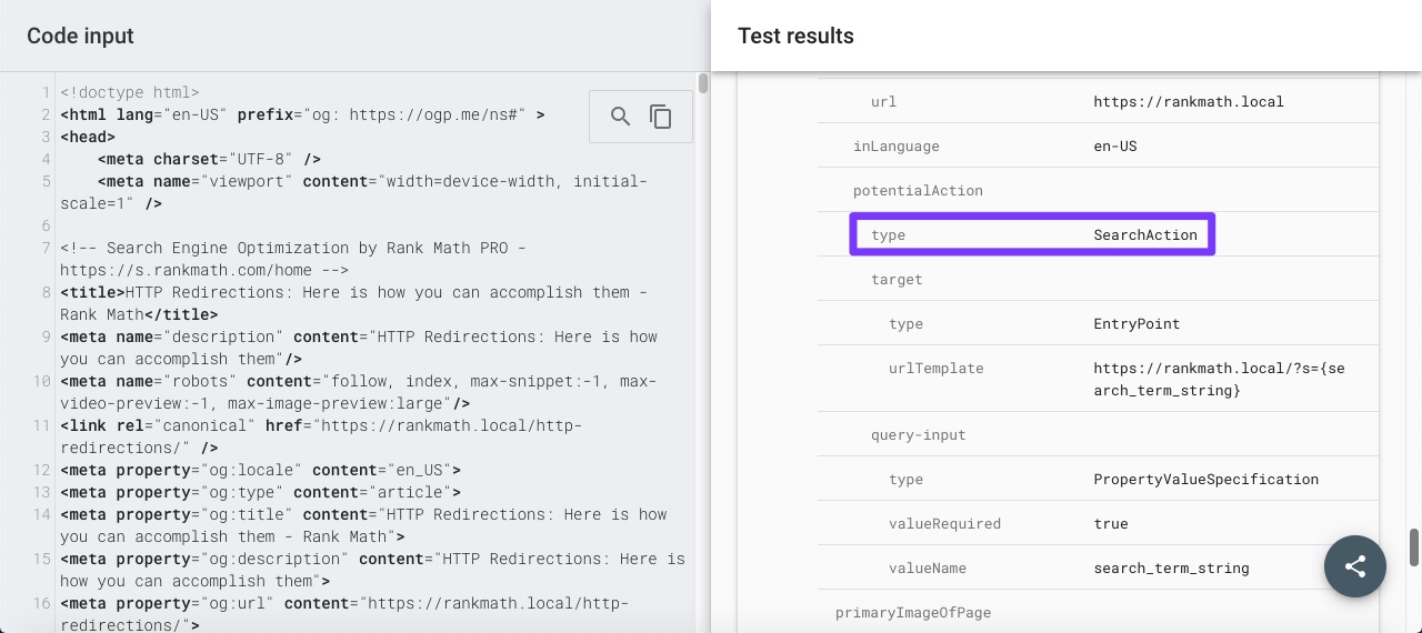 SearchAction in Rich Results tool