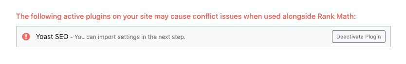 Rank Math setup wizard - conflicting plugins