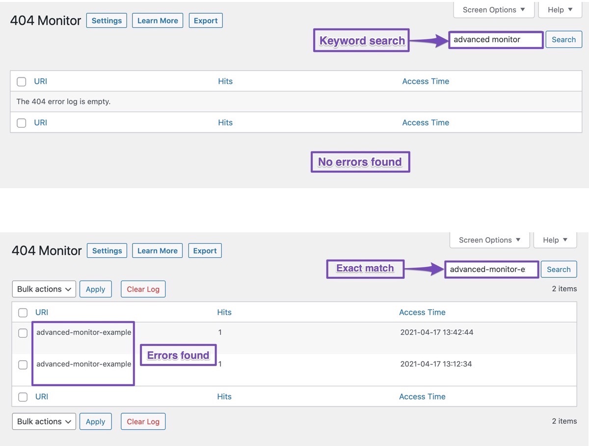 Using 404 Monitor's search option to find errors