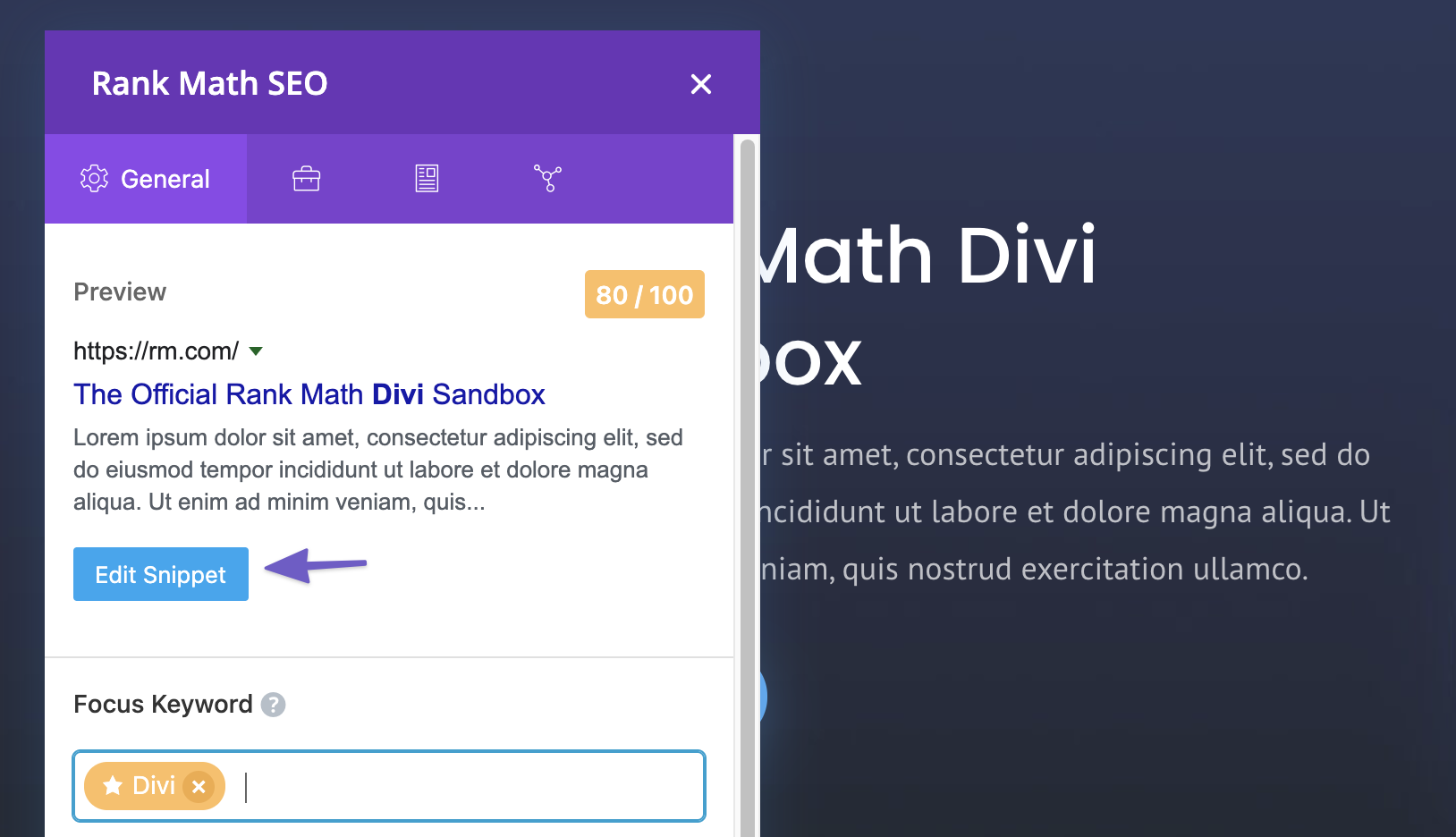 Edit Snippet Rank Math Divi