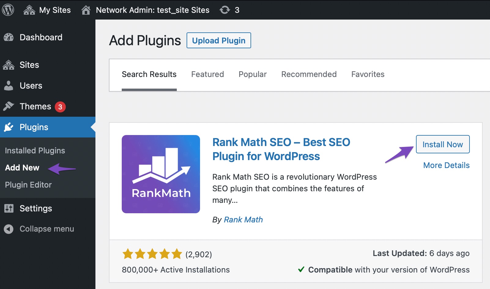Activate Rank Math on network admin site