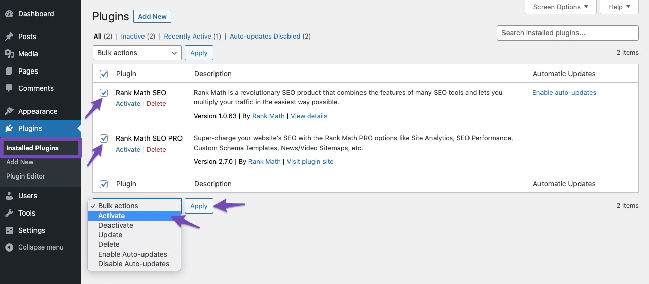Activate Rank Math plugins