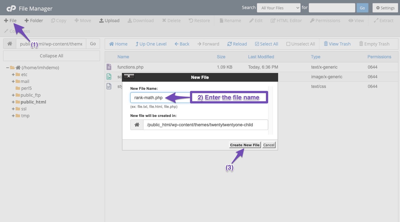 Create rank-math.php file in cPanel File Manager