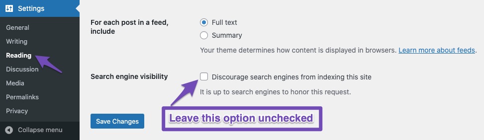 Leave Search engine visibility unchecked