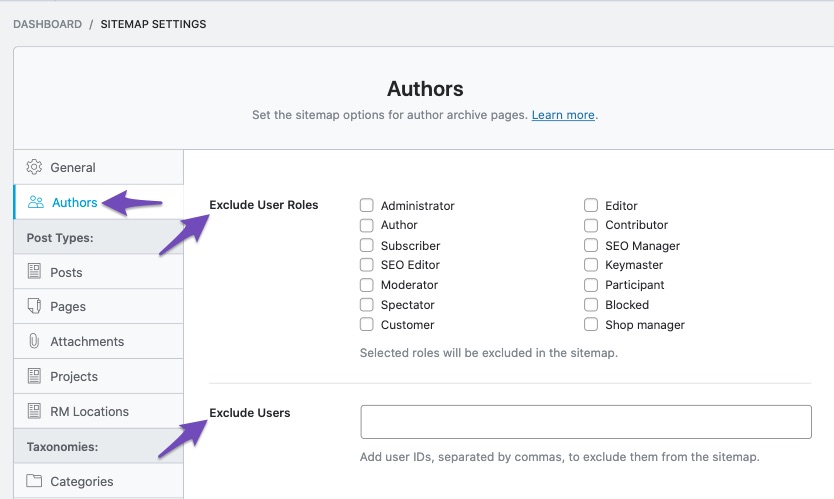 Exclude options in Author Sitemap settings
