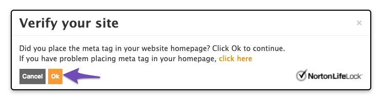 Norton Safe Web site ownership verification confirmation prompt