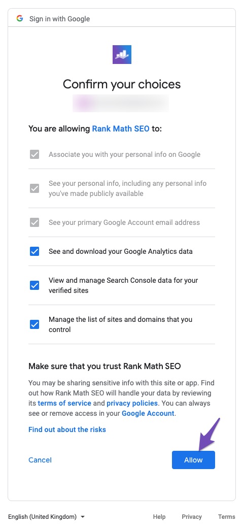 Rank Math SEO permissions for Google Account