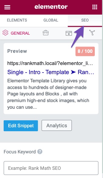 Rank Math SEO tab for Elementor templates