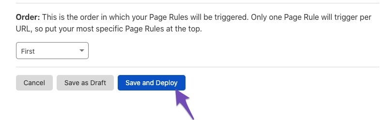 Save and deploy page rule in Cloudflare