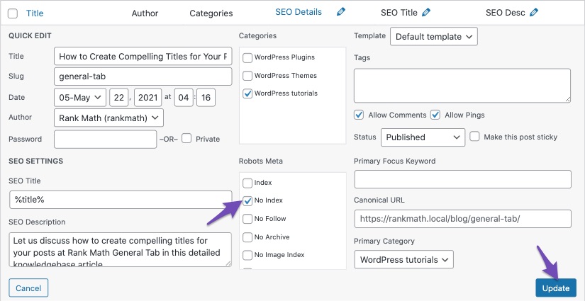 Set No Index using Quick Edit