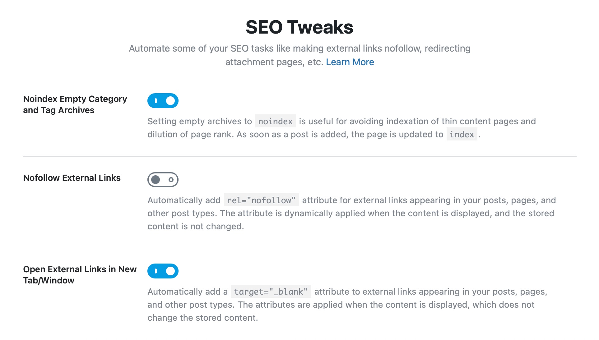 All Options In The Seo Tweaks Page