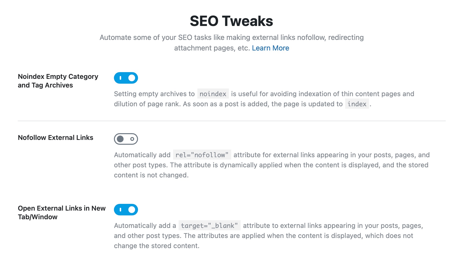 Seo Tweaks 페이지의 모든 옵션