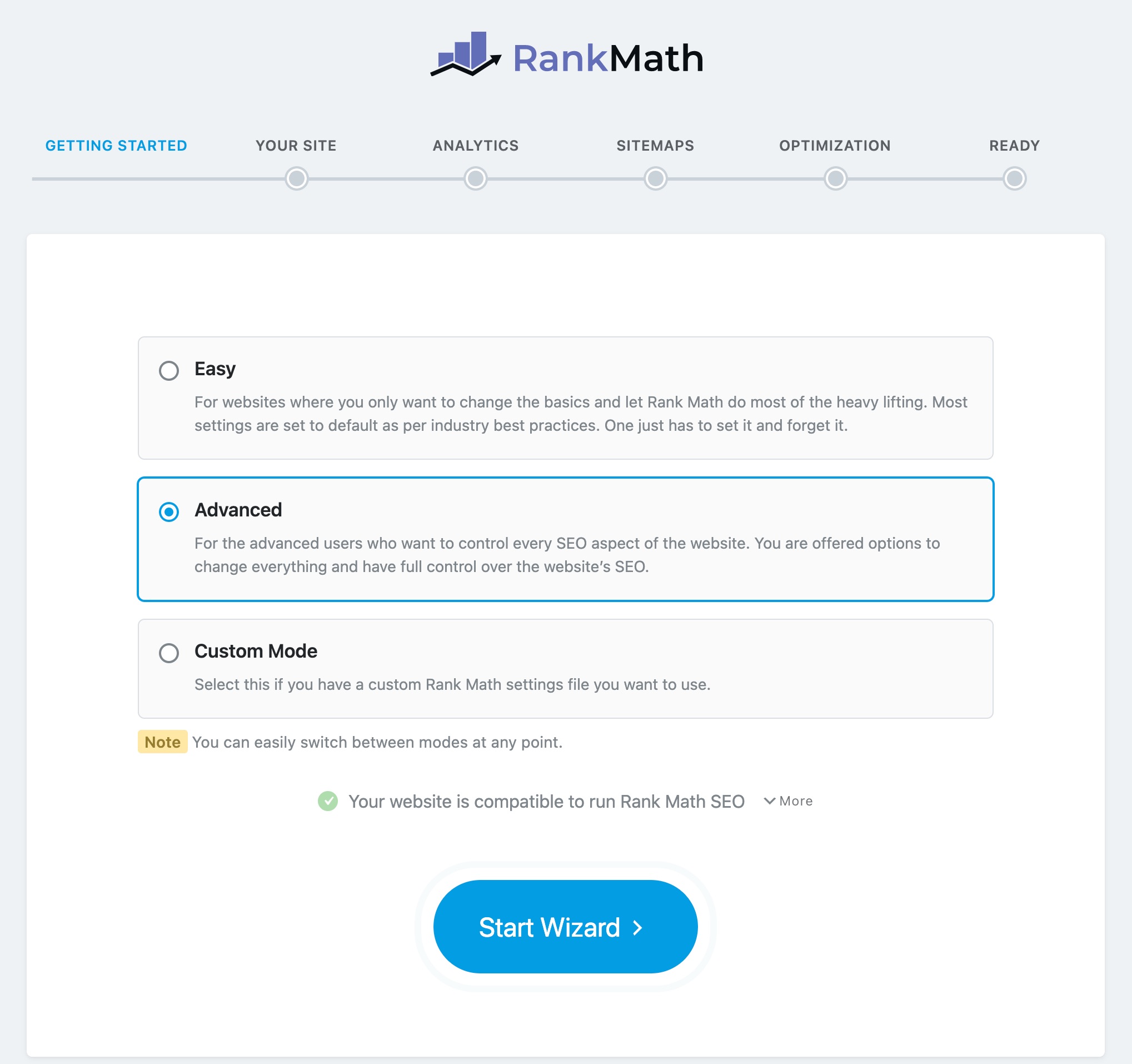 Rank Math 설정 프로세스의 첫 페이지에 있는 모든 설정