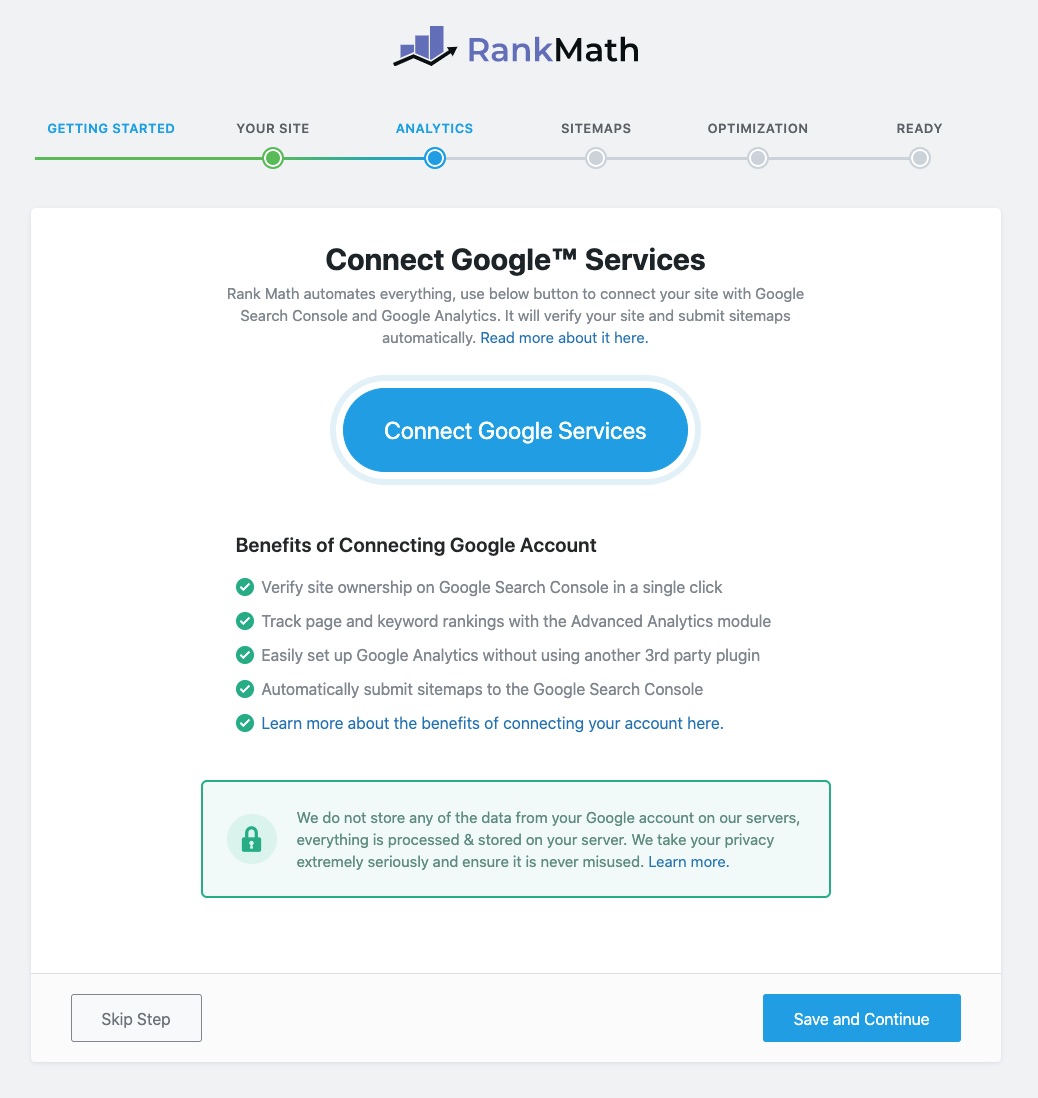 Rank Math 설정 마법사의 Analytics 탭