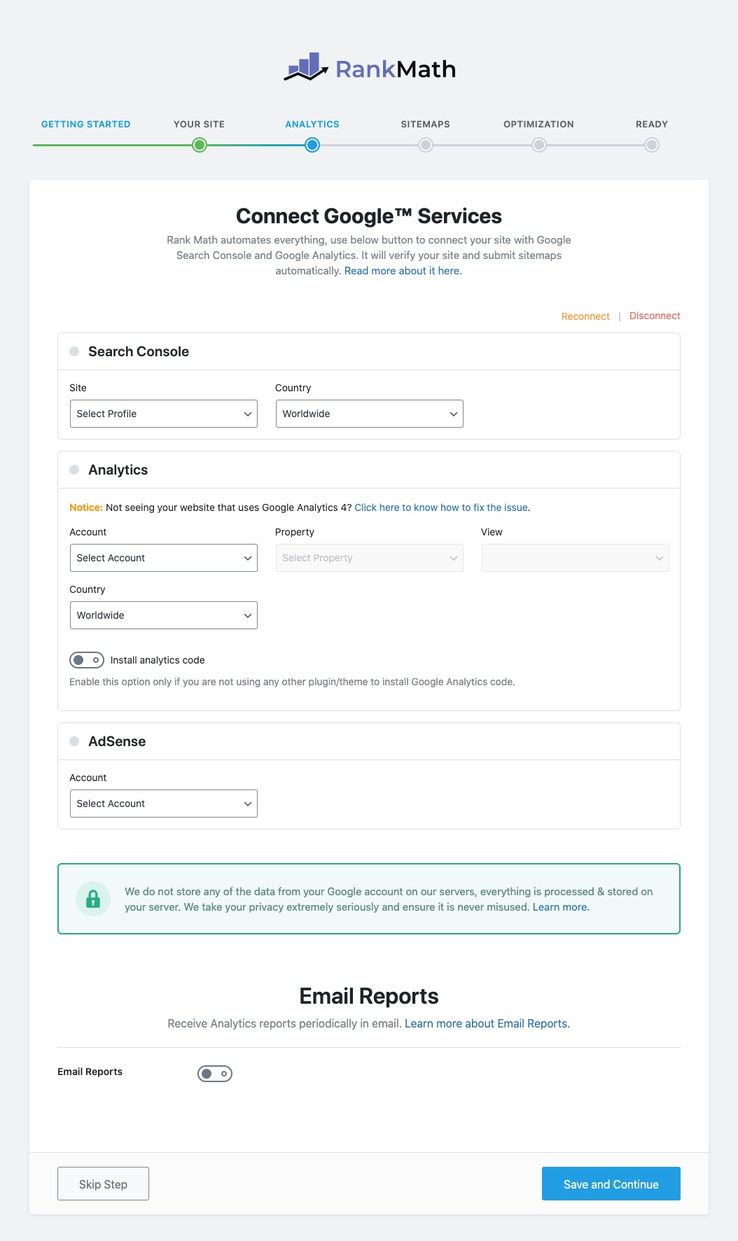 Analytics tab in Rank Math Setup Wizard after approving permissions