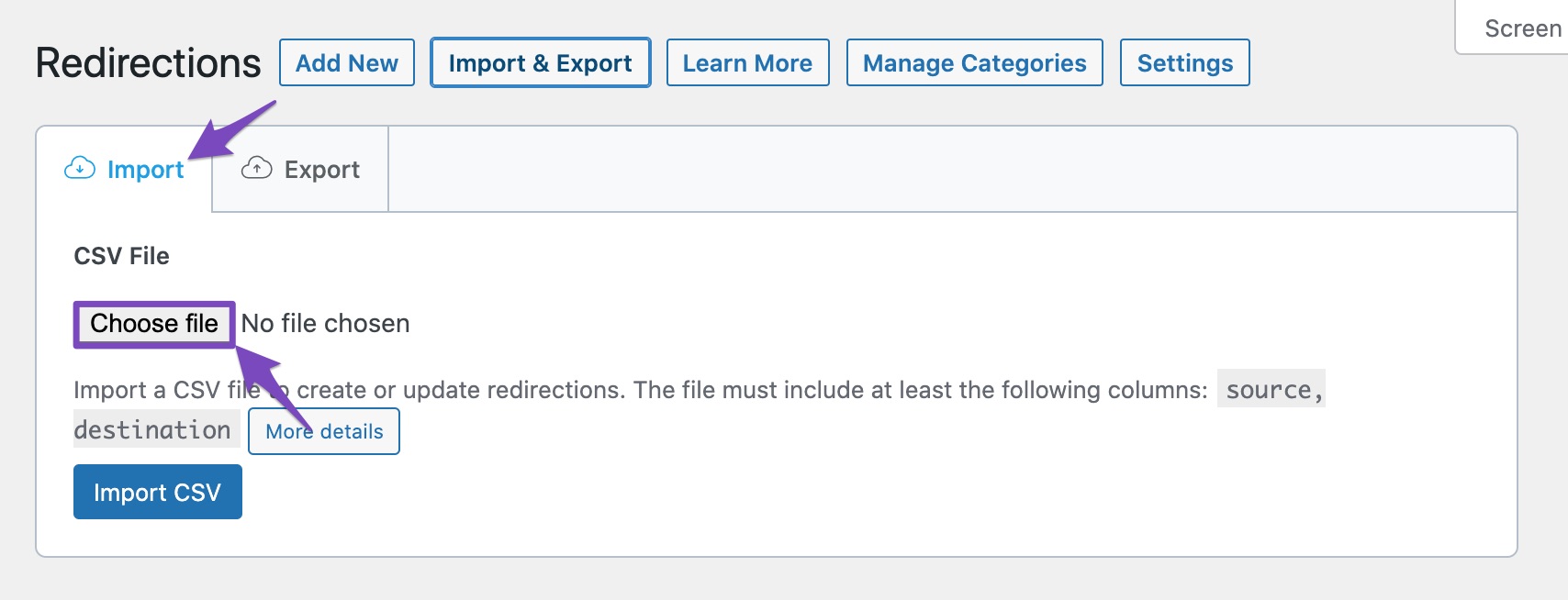 Import Redirections from CSV file