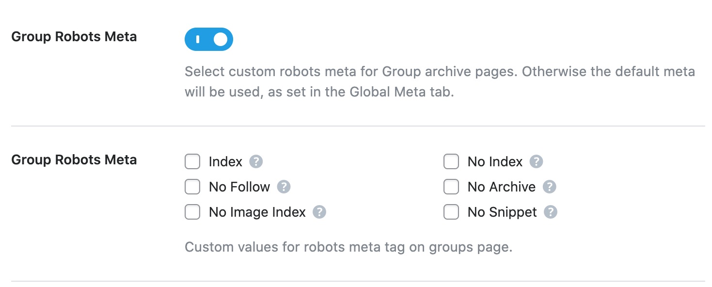 Group robots meta custom settings