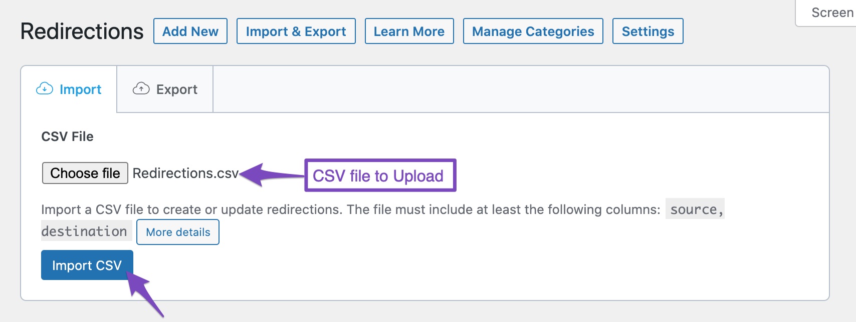 Importing CSV to create Redirections