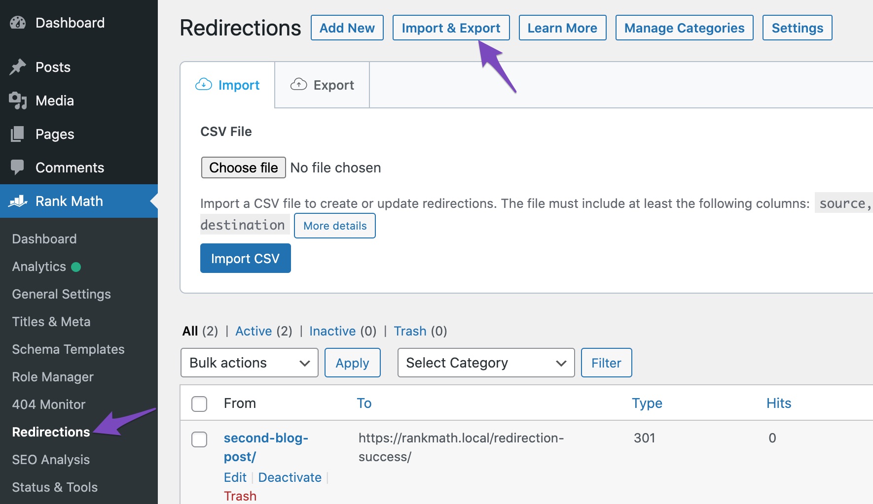 Navigate to Redirections Import & Export