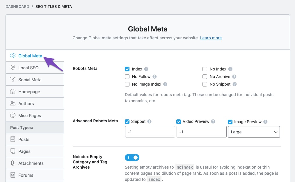 Rank Math SEO Titles & Meta settings - Global Meta