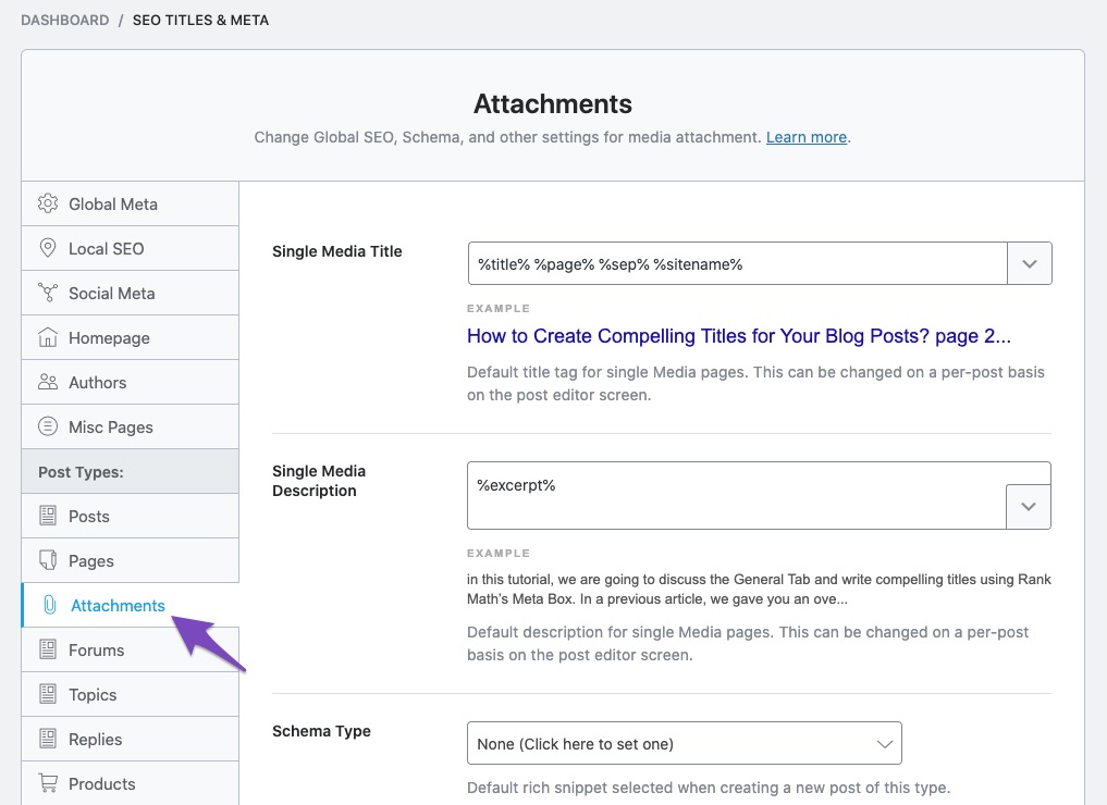 SEO Titles & Meta settings for Attachments in Rank Math