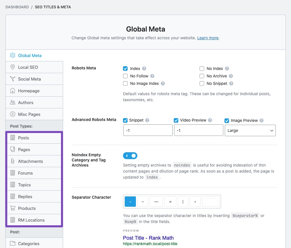 Titles & Meta settings for each post type