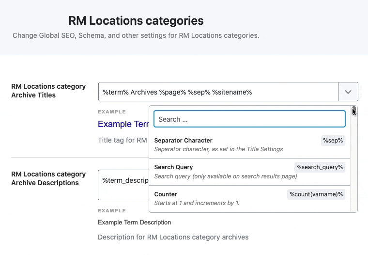 Variables available in RM Locations category archive titles