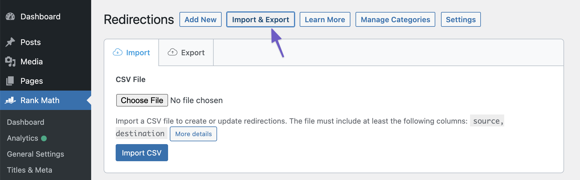 Import & Export Redirections