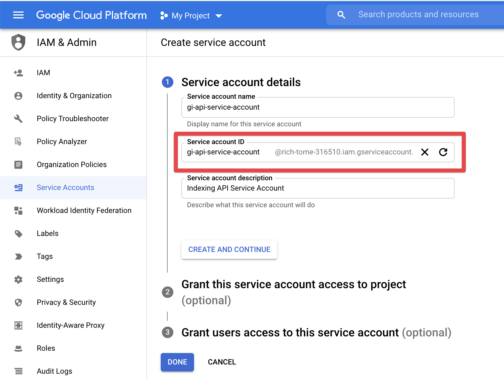 Masukkan ID akun Layanan Indexing API