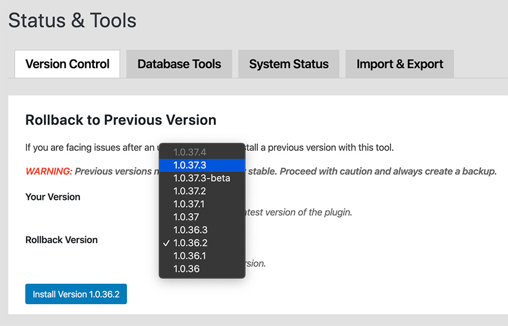 Rank Math Rollback/Version Control