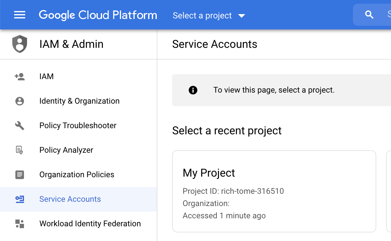 Open Service accounts in Google Cloud Platform