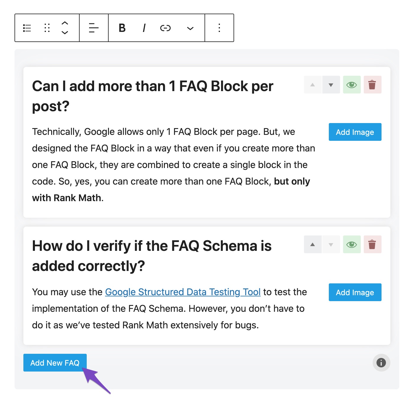 Adding multiple questions in FAQ block